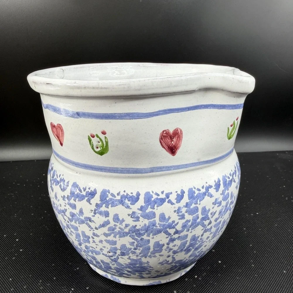 Vintage MM Portugal Hand Painted Terracotta Pitcher Blue‎ Sponge Heart Folk Art